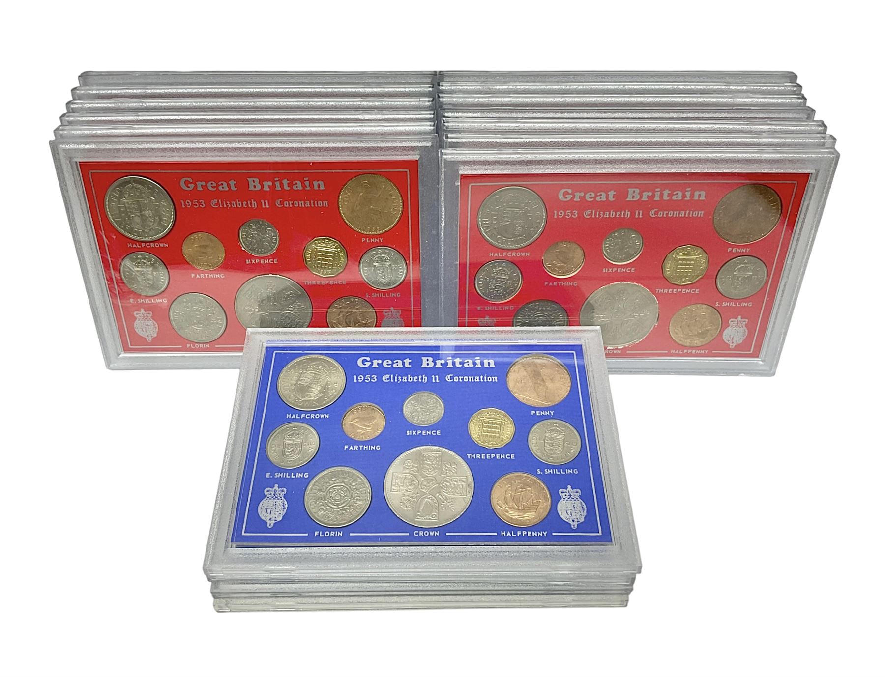 Seventeen Queen Elizabeth II 1953 unofficial coin year sets, each