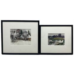 Fyffe Christie (British 1918-1979): Snowy Garden and Industrial City Suburb Landscape, two watercolours signed and dated 1970 & 1967, respectively, max 17cm x 21cm (2)