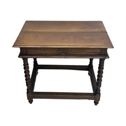 Late Victorian oak side table, rectangular top with moulded edge and frieze drawer with brass handle, raised on turned bulbous supports united by square-section stretchers