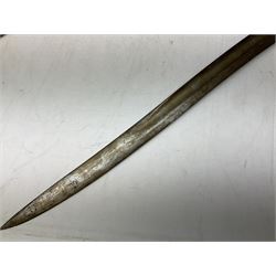 French Model 1866 sabre bayonet with 57cm fullered steel curving blade; in steel scabbard L71cm overall; another Model 1866 sabre bayonet lacking scabbard; and British Pattern 1856 sword bayonet (no scabbard) (3)