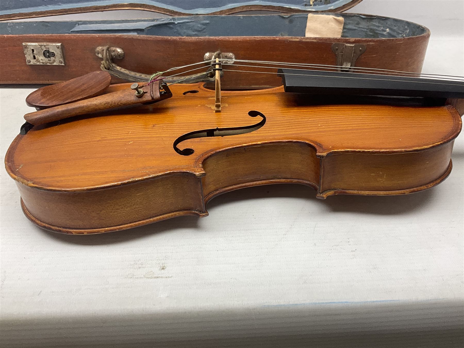 20th century French violin with 36cm one-piece maple back and ribs and spruce top L59cm overall; in mahogany stained wooden carrying case
