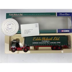 Corgi Eddie Stobart - three limited edition lorries; two Hauliers of Renown - CC13415 MAN TGA XXL Curtainside and CC14002 Volvo FH Curtainside; and  CC12607 Scammell Crusader Tautliner; all boxed (3)