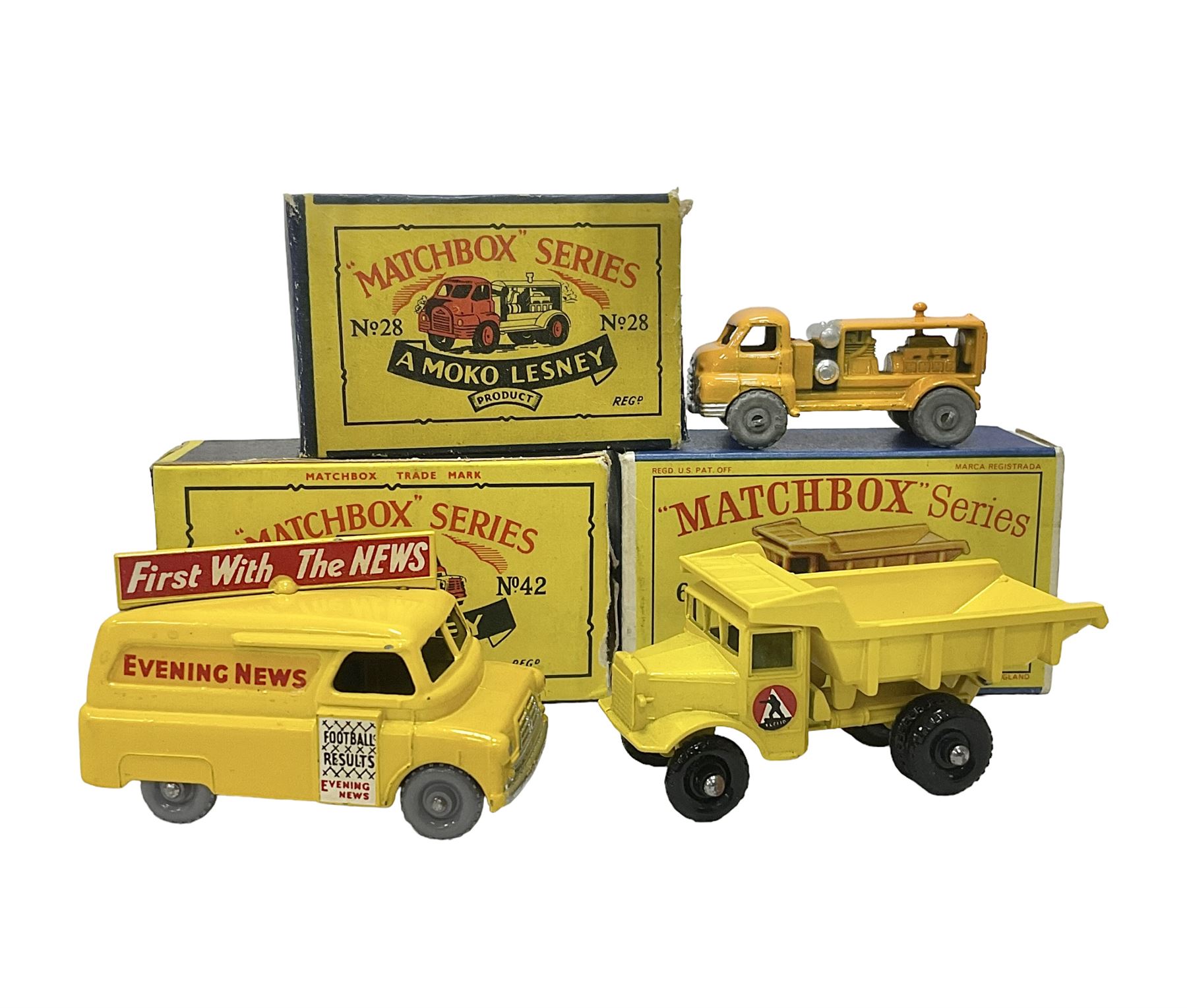 Lesney - three die-cast Matchbox series models comprising no.6 Quarry Truck in yellow, Moko Lesney no.28 Bedford S Compressor Truck in yellow, and no.42 Bedford CA Evening News Truck no.42; in original boxes (3) 