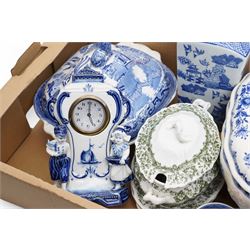 Minton blue and white soup tureen, Willow pattern vegetable dish and cover, Doulton ewer and basin and other items