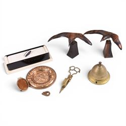 Two framed crystoleums, together with leather blotter, bee hive bell, art deco dominos and other collectables 