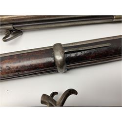 19th century Indian .577 Enfield muzzle loading rifle, proofed for 26-bore, the 98.5cm barrel with three barrel bands and later ram rod L140cm overall; 19th century Belgian side-by-side double barrel percussion shotgun, approximately 20-bore, with 74cm barrels and studded walnut stock, lock plate marked 'Liege 1868' and 'V. Gulikers-Maquinay' L117cm overall; and another side-by-side double barrel shotgun by Smythe with underlever opening (3)