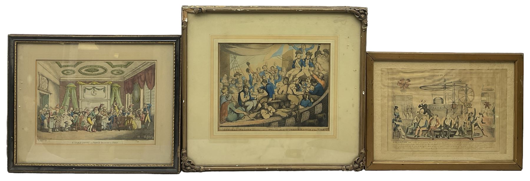 Thomas Rowlandson (British 1756-1827): 'A Table D'Hote or French Ordinary in Paris' and 'Admiral Nelson Recreating with his Brave Tars after the Glorious Battle of the Nile', two engravings with hand colouring pub. 1810 and 1798, respectively; Robert Seymour AKA Shortshanks (British 1798-1836): 'Shaving by Steam', engraving with hand colouring pub. c.1828 E King Chancery Lane max 26cm x 33cm (3)