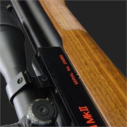 Logun MK2 22 Cal. air rifle, serial no 25885, with ASG fitted sight, bi-pod stand and fitted moderator  