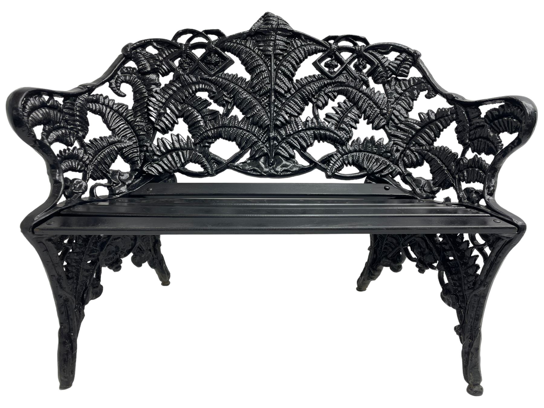 Coalbrookdale - black painted cast iron 'fern' pattern garden bench, decorated with trailing fern leaves, mahogany slatted seat