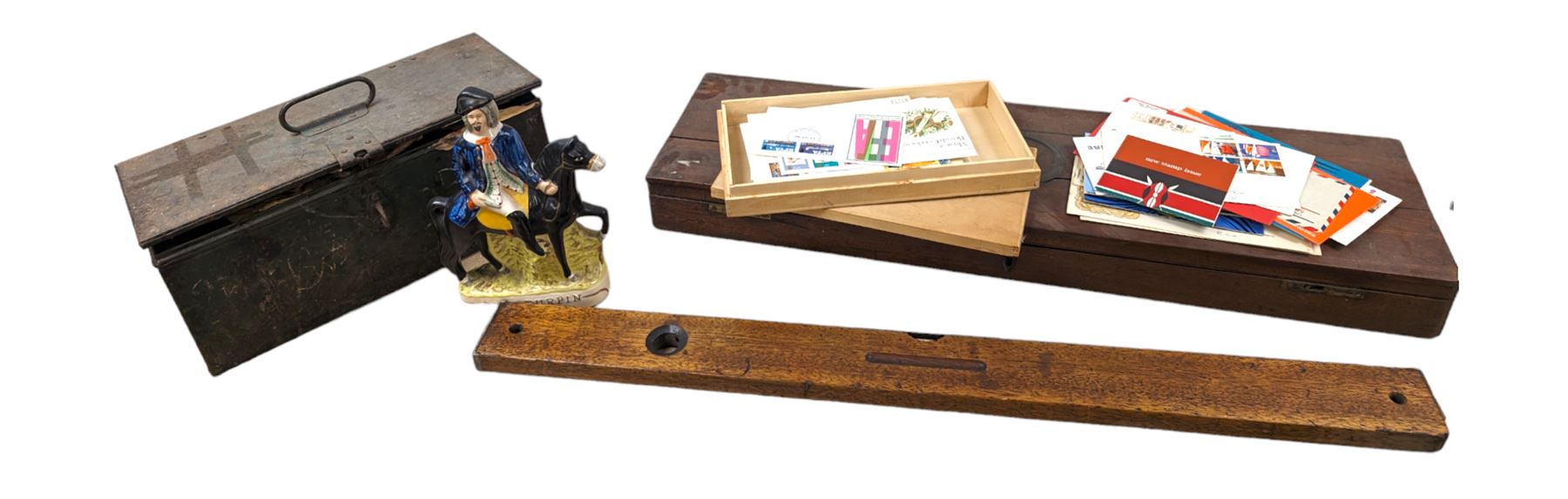 Staffordshire style Dick Turpin figure, wooden box, metal box, Rabone & Sons level, first day covers and other stamps