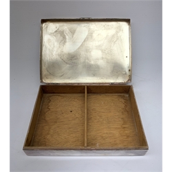  A collection of assorted items, to include a silver mounted desk stand with inkwell and calendar, hallmarked Wilmot Manufacturing Co, Birmingham 1918/1919, a mounted silver plated cigarette box with engine turned detail to the hinged cover, a cased early 20th century dressing table set, comprising two hair brushes and two clothes brushes with blue guilloche enamel backs, an early 20th century tubular brass lamp of question mark form, a pair of base metal bowls with figural squirrel mounts, a pair of small circular framed painted portrait miniatures upon ivory, various metal mugs, a set of scales, etc.   