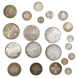 Six Queen Victoria silver crown coins, 1887 (2), 1889 (2), 1890, and 1891, and approximately 80 grams of further Great British pre-1920 silver coins