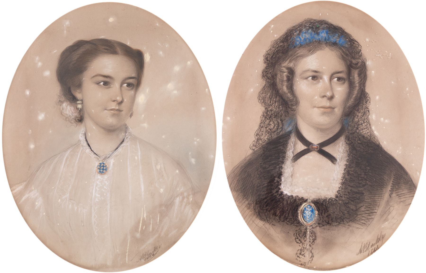 Alexander Blackley (British 1816-1903): Portrait of Julia Addie and Caroline Addie, pair watercolours signed and dated 1864, 63cm x 50cm (2)