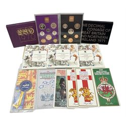 Two Great Britain and Northern Island proof sets dated 1970 and 1971, both with card cases, three 1986 Commonwealth Games commemorative two pound coins, in card folders, and six brilliant uncirculated one pound coins, in card folders