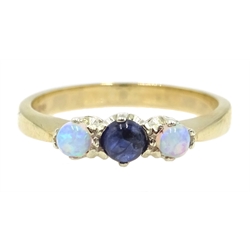  9ct gold cabochon sapphire and opal three stone ring hallmarked  