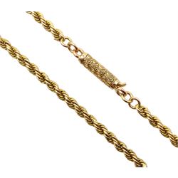 Gold rope twist chain necklace with engraved barrel clasp, stamped 9c, approx 6.15gm