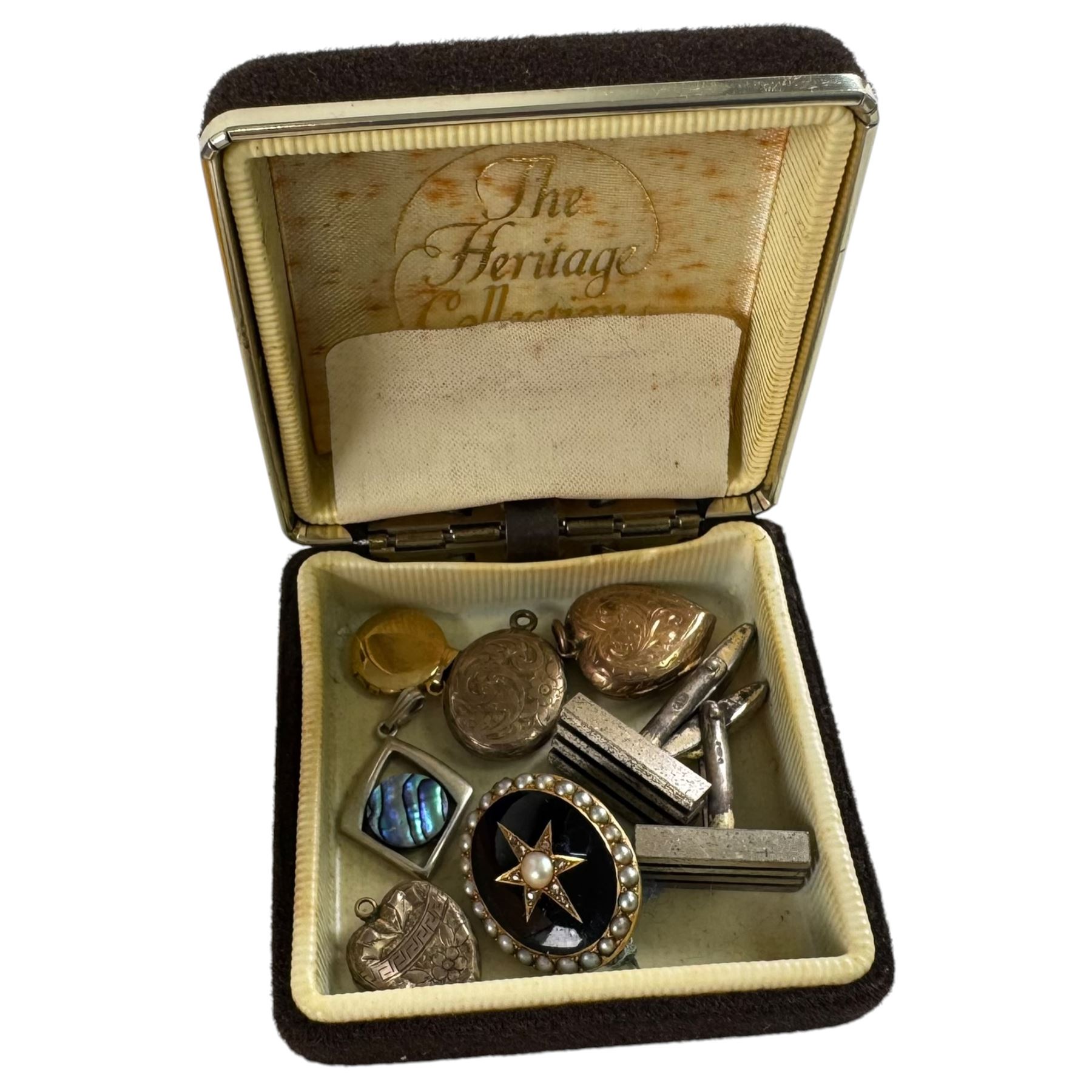 Victorian 15ct gold and enamel locket converted to a brooch, 9ct gold and silver paste ring, silver jewellery including chain and moss agate ring and a collection of costume jewellery
