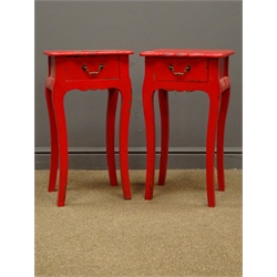  Pair French style red painted bedside stands, single drawers, W35cm, H65cm, D30cm  
