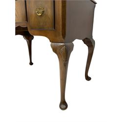 George III design mahogany low boy, rectangular top fitted with three drawers, raised on cabriole supports with shell moulding, with pad feet