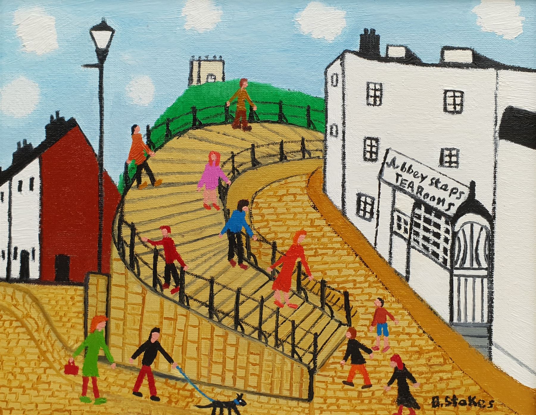 Barry Stokes (Northern British Contemporary): 'Abbey Steps Tearooms' Whitby, oil on board signed, dated 2019 verso 20cm x 25cm