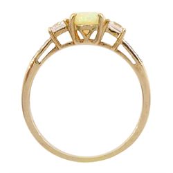 9ct gold opal and square cut morganite ring, with white zircon set shoulders, hallmarked