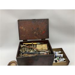 Early 20th century artist's materials box, probably Chinese, the hinged lid over two side drawers, containing various tubes of paint, wooden and ceramic palettes, brushes, mixing bowls, etc. 