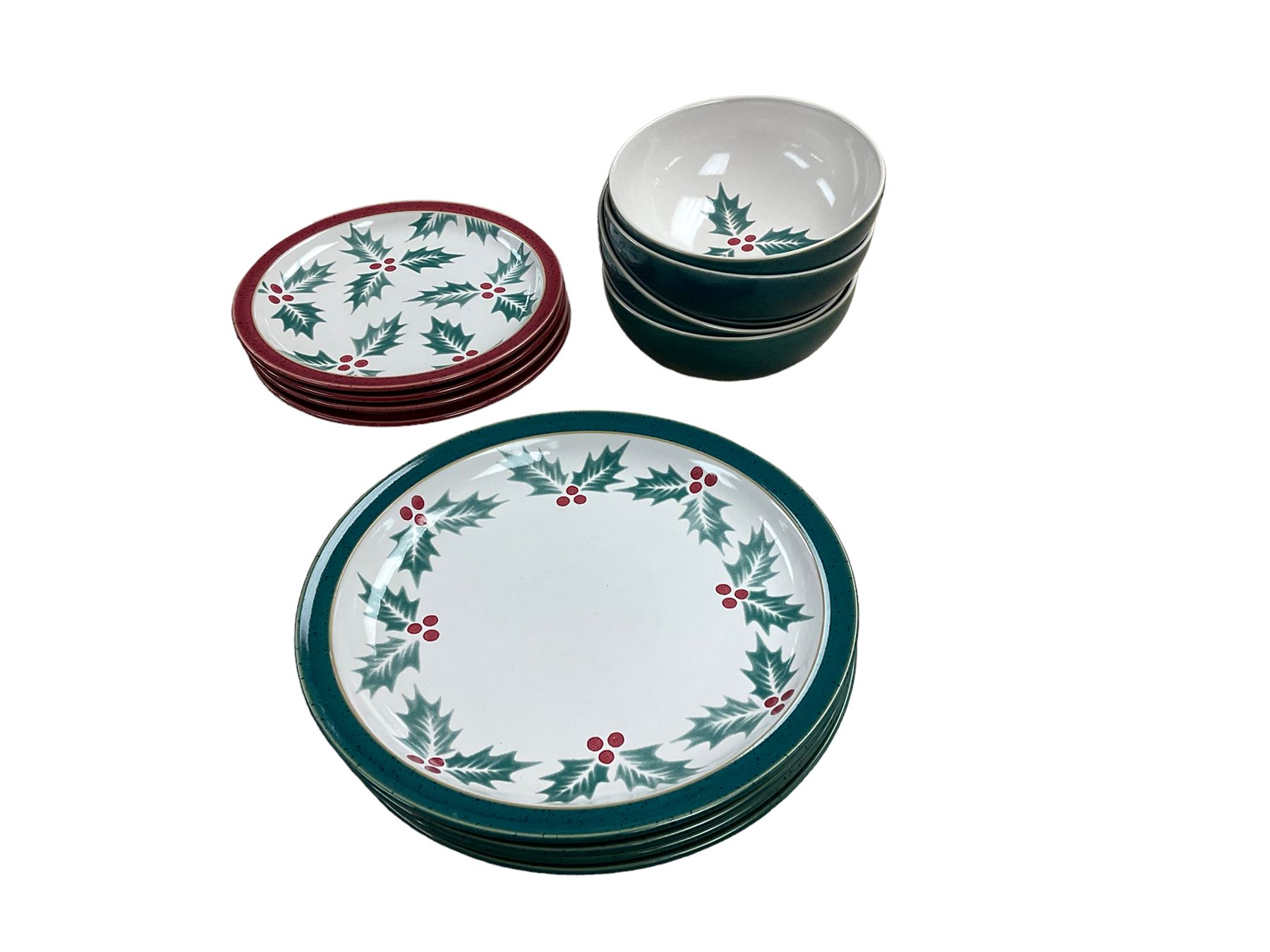 Denby Holly pattern Christmas ceramics, comprising four dinner plates, four side plates, and four bowls 