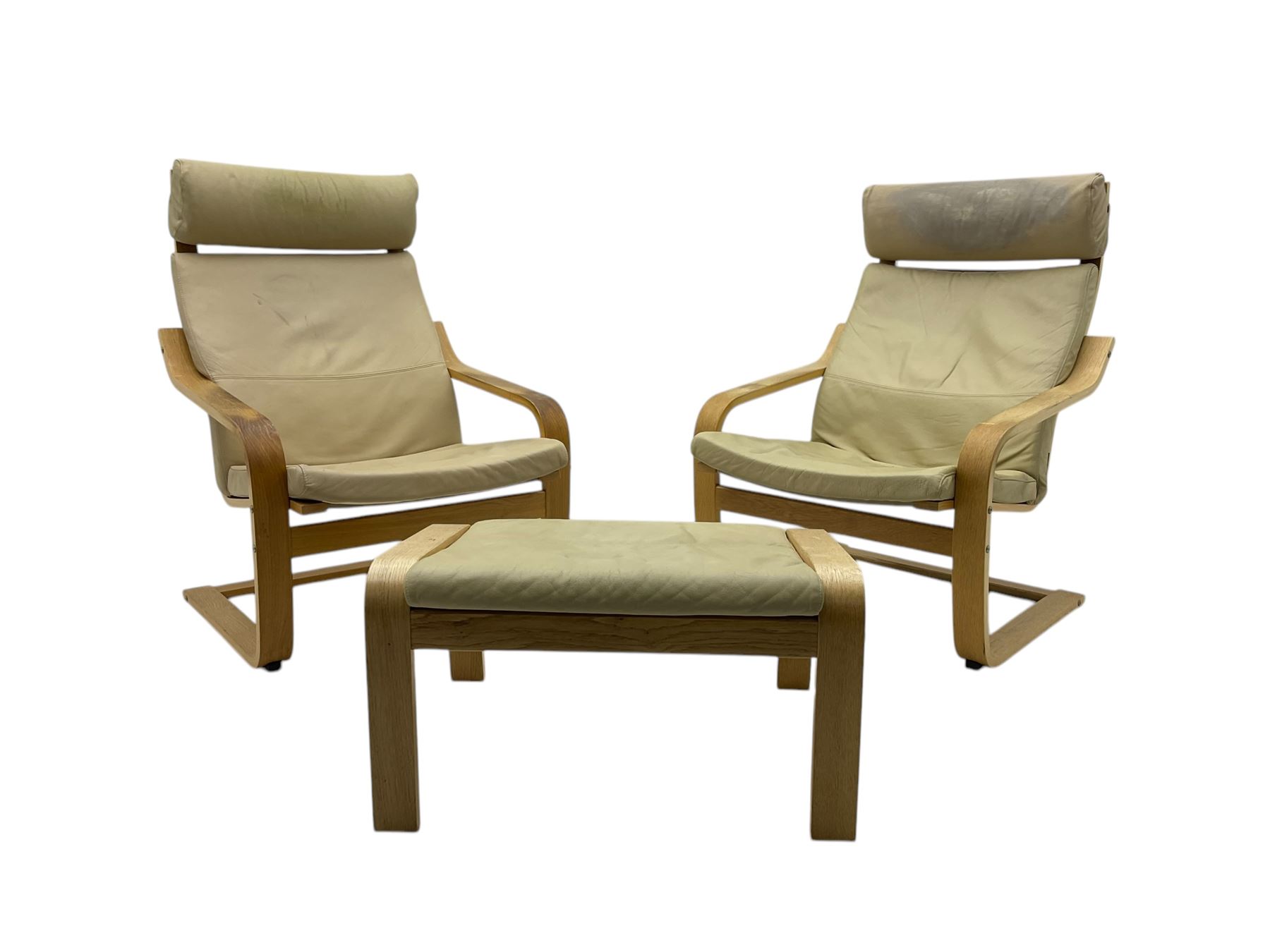Ikea - pair of 'Poang' cantilever armchairs, upholstered in tan leather; complete with matching footstool (3)
