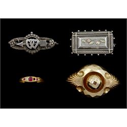 Victorian 9ct rose gold mourning brooch, 18ct gold ruby and diamond ring, Birmingham 1896 and two silver brooches
