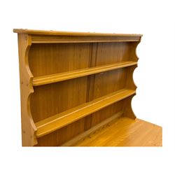 Ercol - golden dawn light elm dresser, plate rack above two drawers and two cupboard doors with sliding wooden lock mechanism 