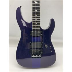 2015 Japanese Caparison Dellinger Prominence hand made boutique rock guitar in spectrum blue with clock inlays and Scaller tremolo; serial no.3200018; L100cm; in fitted case with certificate, registration card, tools etc