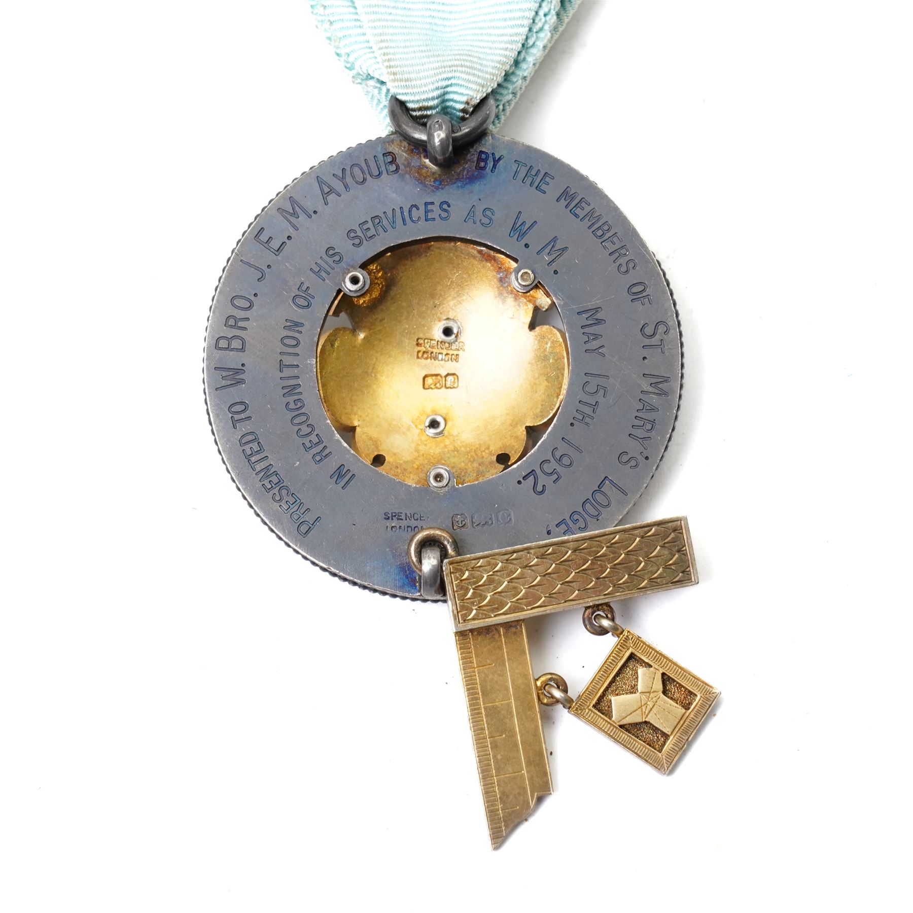Silver gilt and enamel Past Masters masonic jewel by Spencer, London, to W. Bro. J.E.M. Ayoub, St Mary's Lodge, 1952, cased