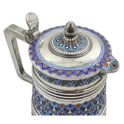 19th century Russian silver lidded jug, with raised cloisonné enamel band decoration by Ivan Khlebnikov, Cyrillic master's mark 'Khlebnikov' under a double-headed eagle, the Moscow hallmark for '84' zolotnik, thumbpiece also hallmarked, approx 12oz