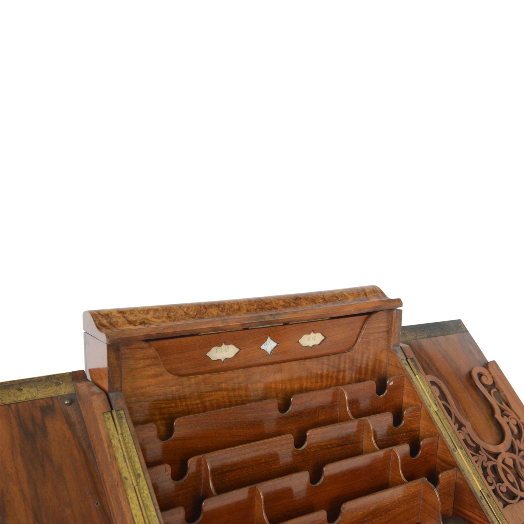 19th century burr walnut correspondence box, the sloped front opening to reveal a fitted interior with perpetual calendar, letter racks, and pen tray between two inkwell recesses, above a pull out draw with recessed brass handle, H41cm L40.5cm D28.5cm