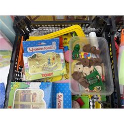 1980s Epoch Sylvanian Families - Country Kitchen Utensil Set and Playpen with Mobile; both boxed; together with assorted loose furniture, playground equipment, grocery shop stock etc; Penny's Pony Club Set in folding stable box; and boxed Bouncin' Babies Nursey Playset