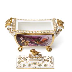 Early 19th century bough pot, hand-painted to each side with birds, modelled with bird lift and two birds perched on handles in gilt, unmarked but in the manner of Coalport, W19cm