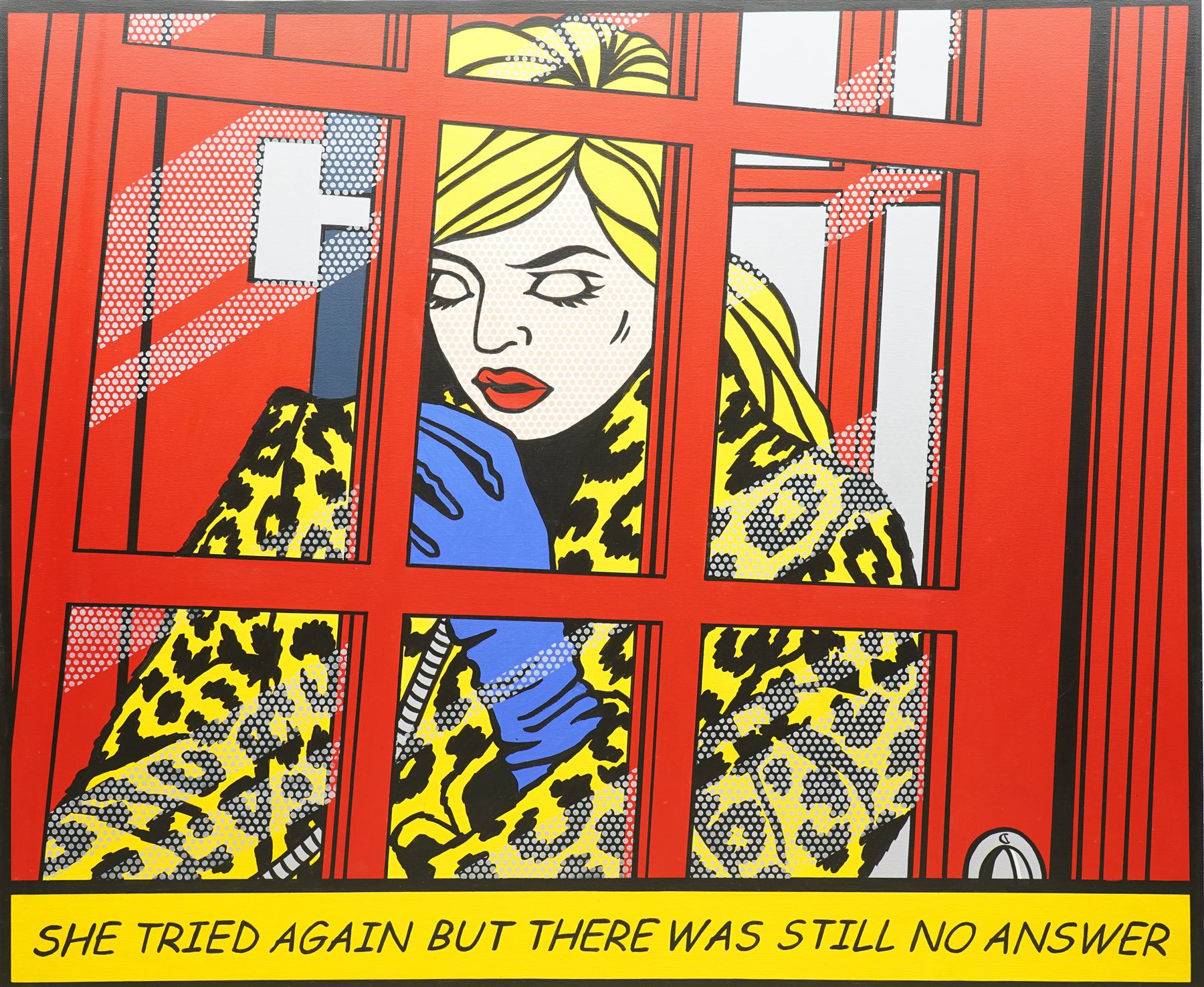Judith Mellor (British Pop Art Contemporary): 'She Tried Again but there was still no reply', oil on canvas inscribed, signed and dated '06 verso 76cm x 92cm