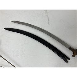 20th century Indian Tulwar sword with 71cm plain curving steel blade and iron hilt with extended langets, knopped grip and spiked pommel; in canvas covered wooden scabbard L87.5cm overall; together with five fencing swords comprising four foils and one epee, three marked Leon Paul, one in carrying case (6)