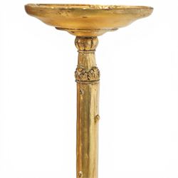Louis XVI design giltwood torchère stand, the circular dish top with moulded rim above a naturalistic branch form stem, raised on a triform base with acanthus carved scrolling feet