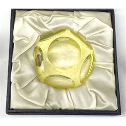 A group of six Webb Corbett faceted glass paperweights, to include one blue example, and one yellow example in makers box. 