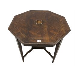 Edwardian rosewood octagonal centre table, boxwood strung with central foliate inlay (D81cm, H66cm), and a late 20th century walnut console table (W77cm, H74cm)