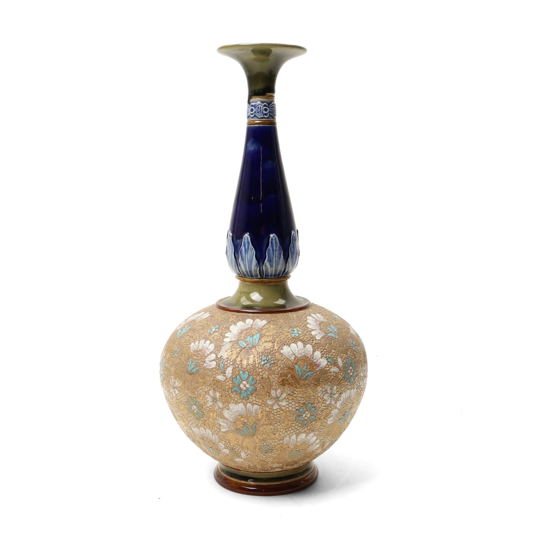 Doulton Slaters Patent vase, of globular form with elongated neck, stamped and incised with potters marks to base, H41cm