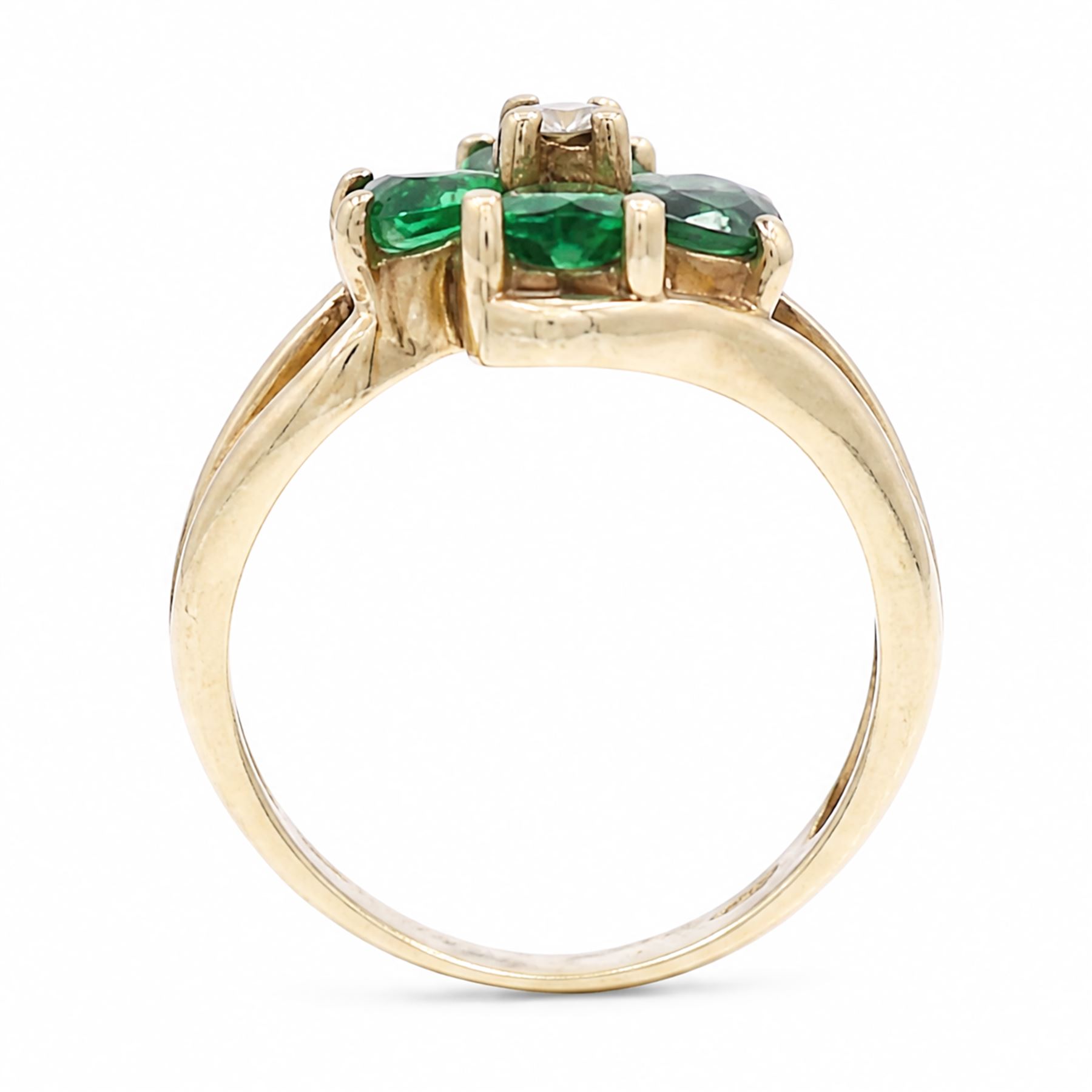 9ct gold green and white paste stone, four leaf clover cluster ring, hallmarked