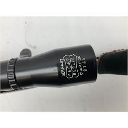 30-06 Steyr-Mannlicher Model M bolt-action rifle, the 61cm hammer forged barrel with side safety, double set trigger and lift-out rotary magazine, walnut stock with chequered pistol grip and fore-end and additional soft leather cheek piece, Pecar Berlin Champion 8 x 45 telescopic sight with quick release mounts, serial no.204791 L111cm FIREARMS CERTIFICATE REQUIRED OR RFD