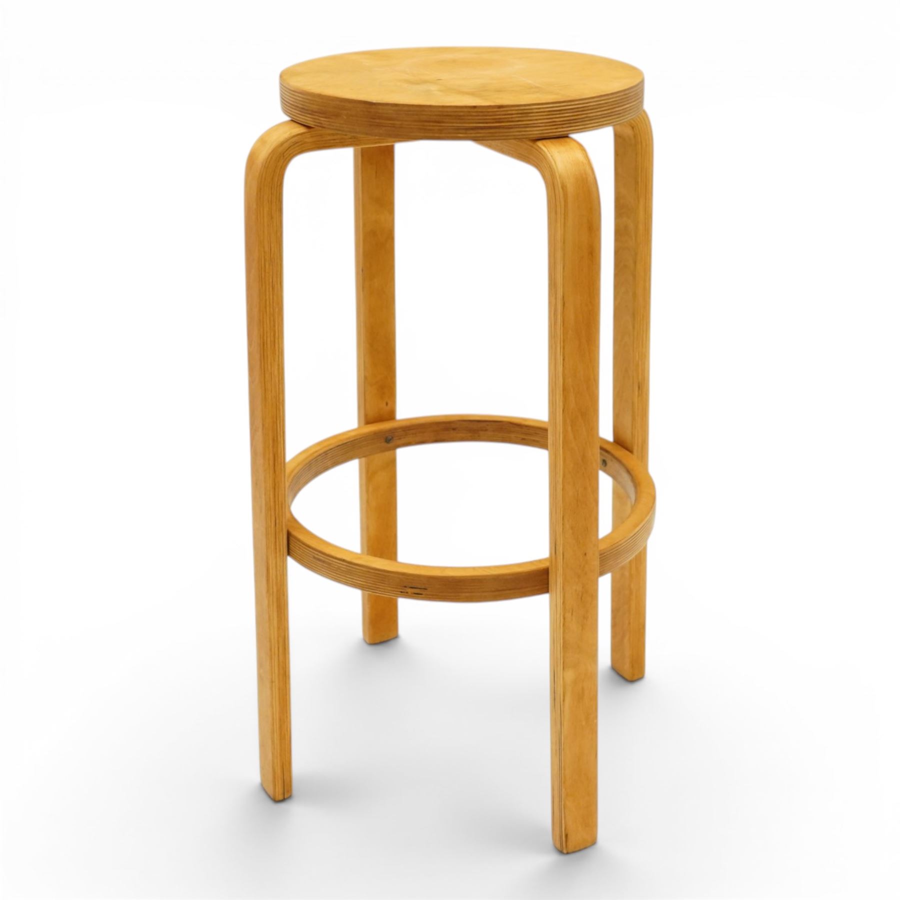 Mid 20th century bentwood stool in the manner of Alvar Aalto, circular top with bentwood frame, united by a circular stretcher 