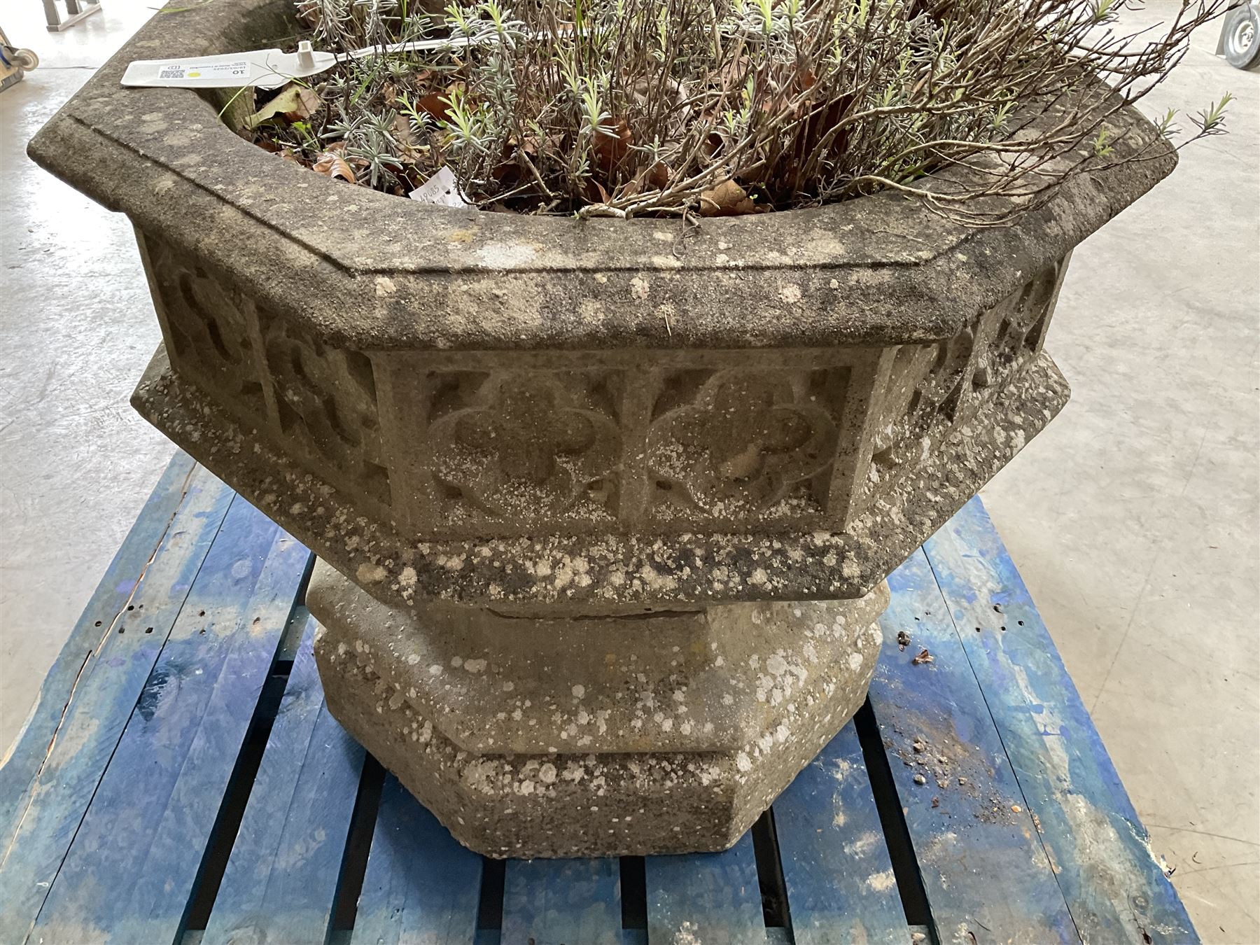 Large gothic design octagonal cast stone centre-piece urn olanter, quatrefoil decoration 