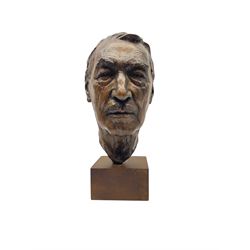 Anne Curry (French 1943-): Bronze bust modelled after the artist's late Grandfather, signed and dated '95 and numbered 1/5 on square wooden plinth, H41cm overall. Provenance: This piece was a gift from the artist's father to the vendors late mother in law. The portrait depicts the artist's late Grandfather who was a friend of the family