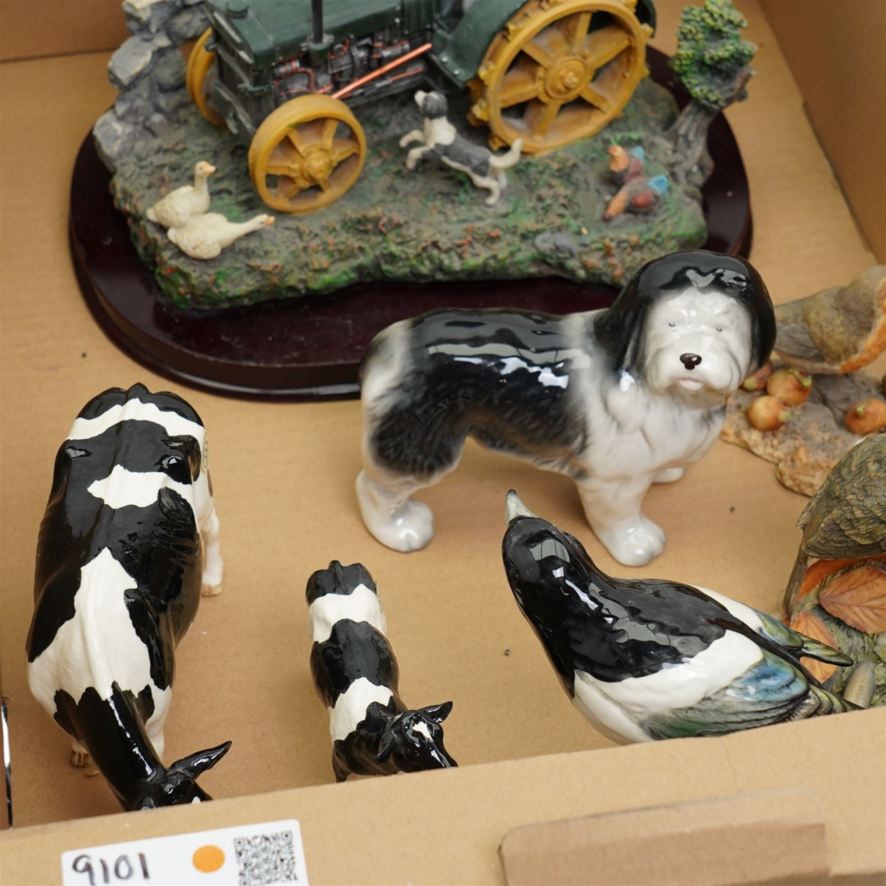 Beswick model of a Magpie, Border Fine Arts Friesian cow and calf, Country Artists owl and other items in two boxes