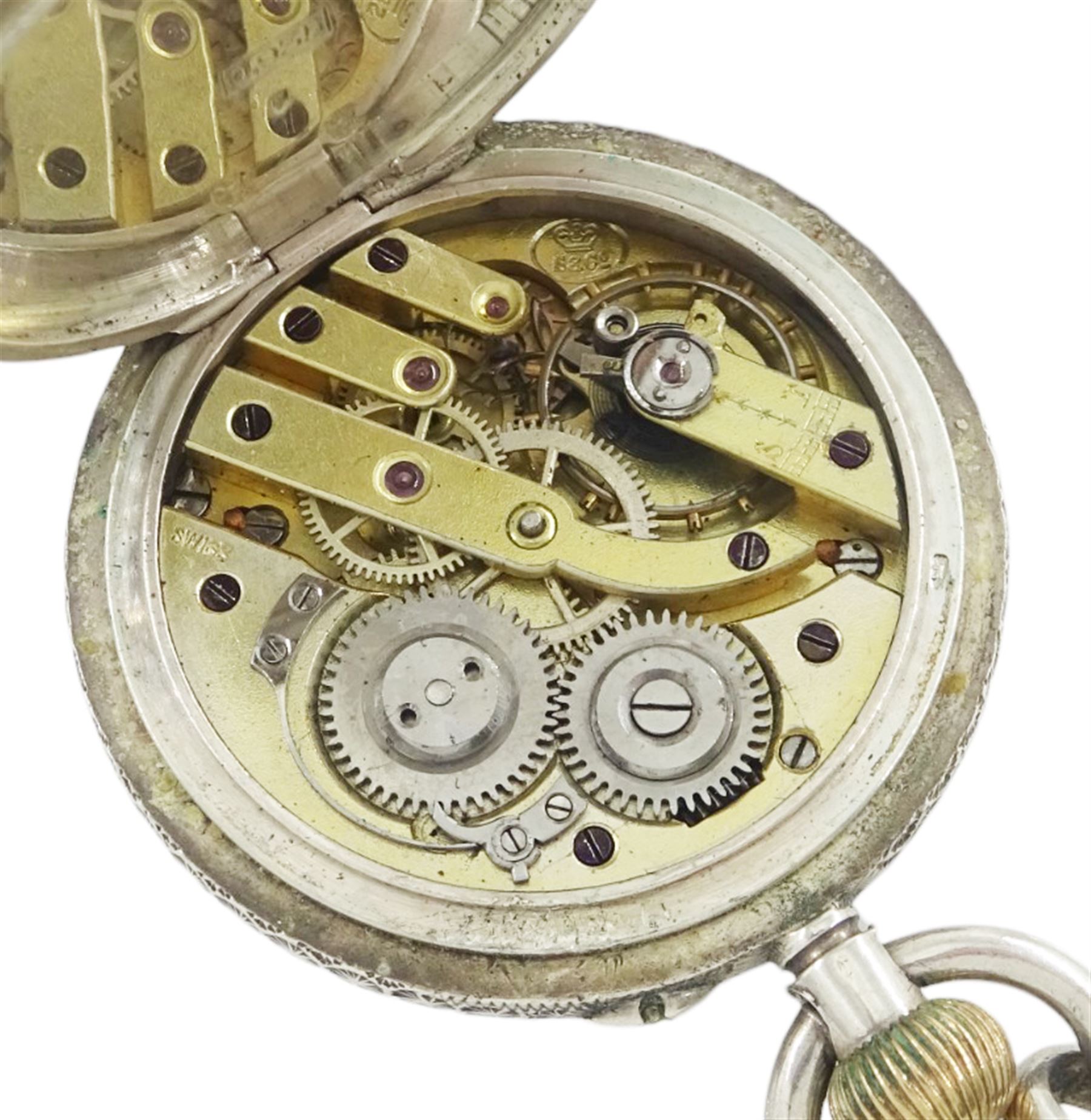 Victorian silver open face lever pocket watch by A Mears & Co, Camden Town, case by English Watch Company, Birmingham 1893, two smaller fob watches, all on Victorian and later silver watch chains