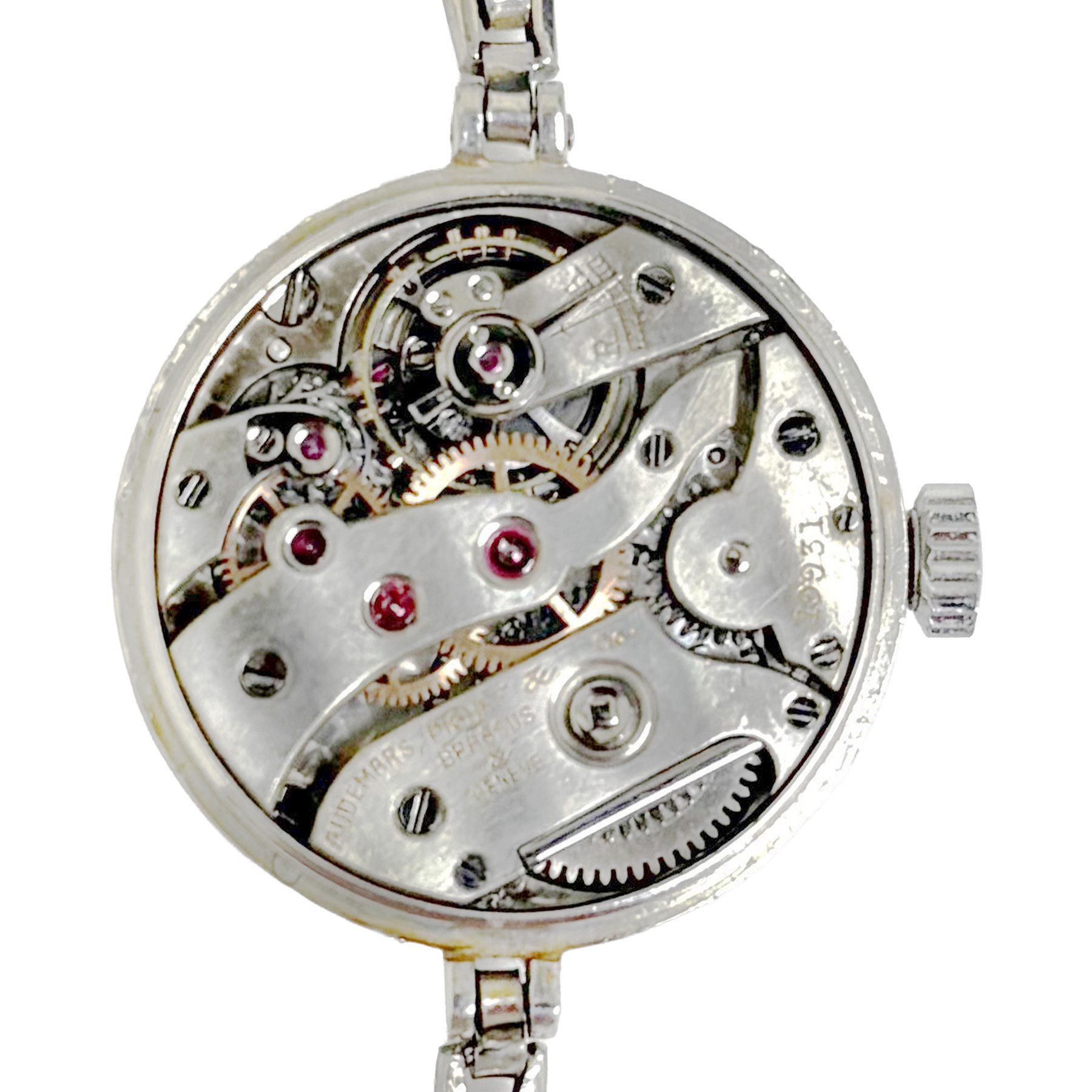 Audemars Piguet & Co Art Deco ladies platinum, diamond set manual wind wristwatch, movement No. 19931, cream / silvered dial with Arabic hour markers, the bezel milgrain set with round cut diamonds, to a platinum expanding bracelet